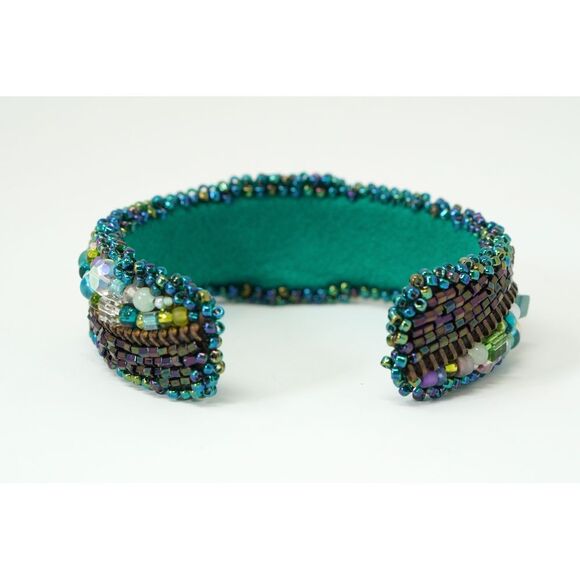 Beaded Cuff Bracelet Dichroic Glass Center Crystal Gems Zipper Hand‎ Made - Picture 5 of 9